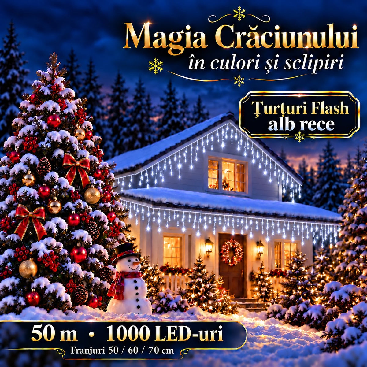 Instalatie de Craciun tip Turturi Flash, Alb Rece cu Flash Alb Rece, 50 m, 1000 LED-uri, Franjuri 50/60/70 cm, Fir Alb Gros 2.0, Interconectabili, IP65, Interior/Exterior