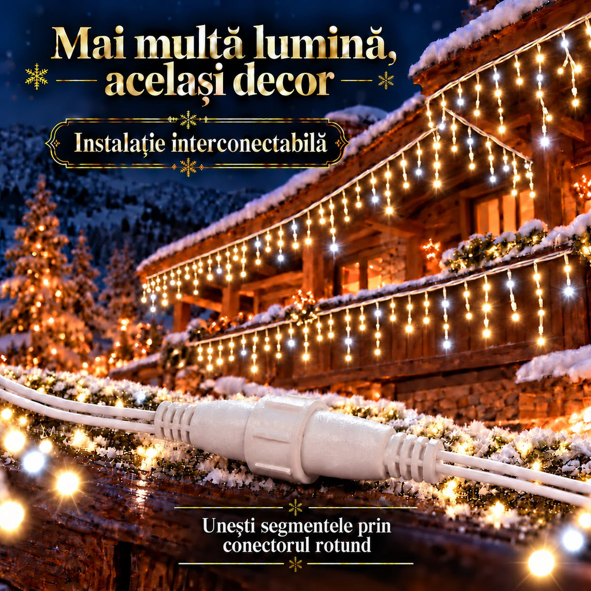 Instalatie de Craciun tip Turturi Flash, Alb Cald cu Flash Alb rece , 25 m, 600 LED-uri, Franjuri 50/60/70 cm, Fir Alb Gros 2.0, Interconectabili, IP65, Interior/Exterior