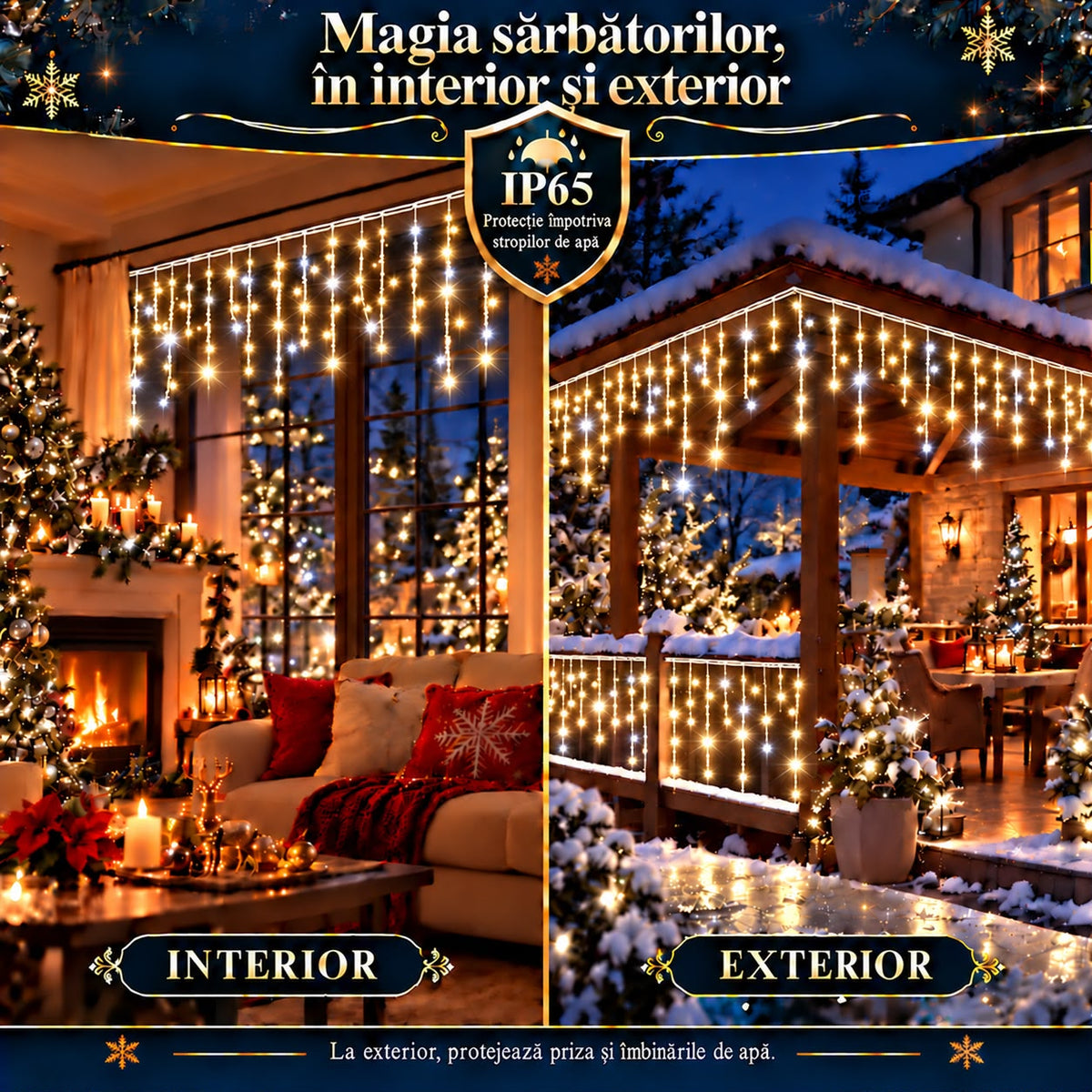 Instalatie de Craciun tip Turturi Flash, Alb Cald cu Flash Alb rece , 25 m, 600 LED-uri, Franjuri 50/60/70 cm, Fir Alb Gros 2.0, Interconectabili, IP65, Interior/Exterior