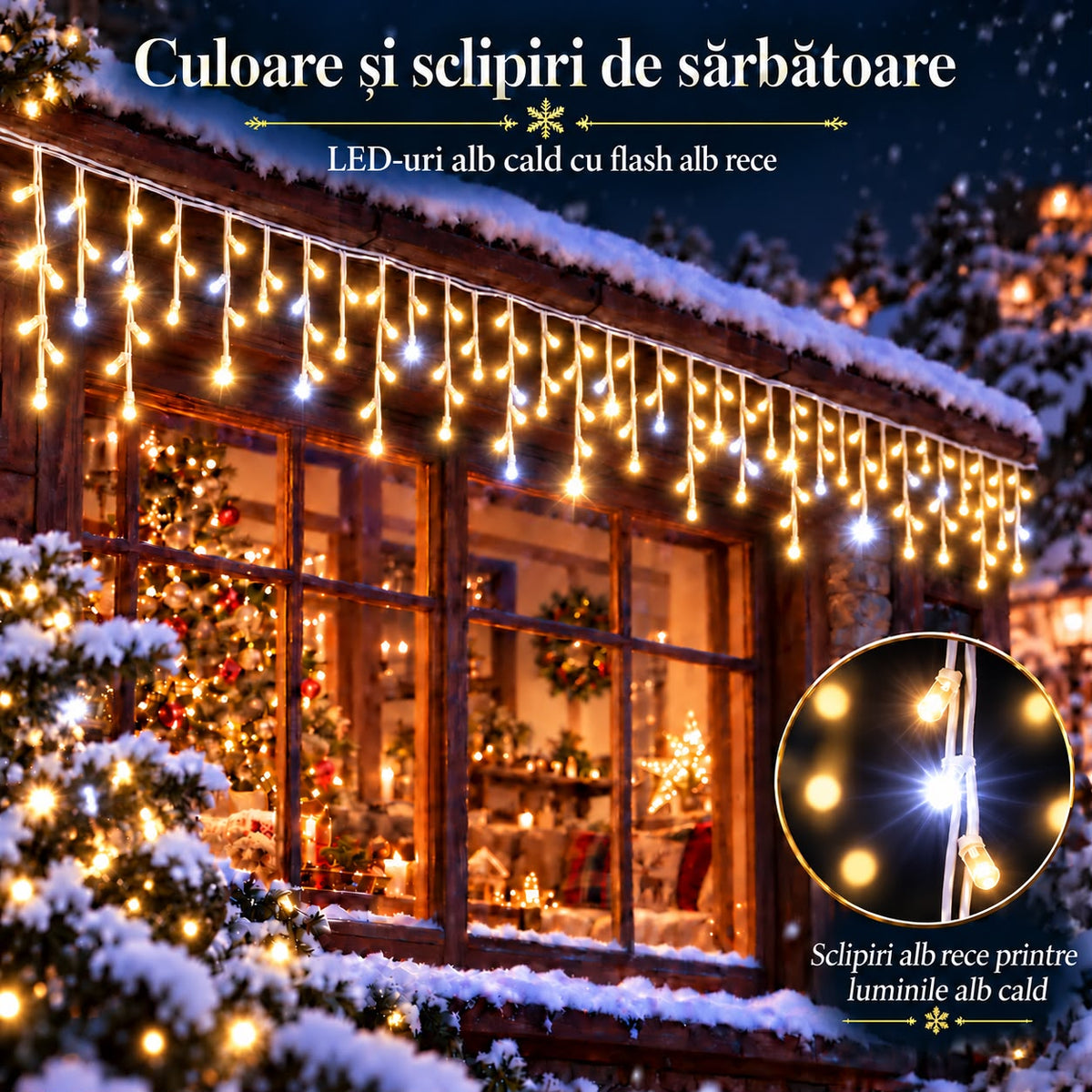Instalatie de Craciun tip Turturi Flash, Alb Cald cu Flash Alb rece , 25 m, 600 LED-uri, Franjuri 50/60/70 cm, Fir Alb Gros 2.0, Interconectabili, IP65, Interior/Exterior