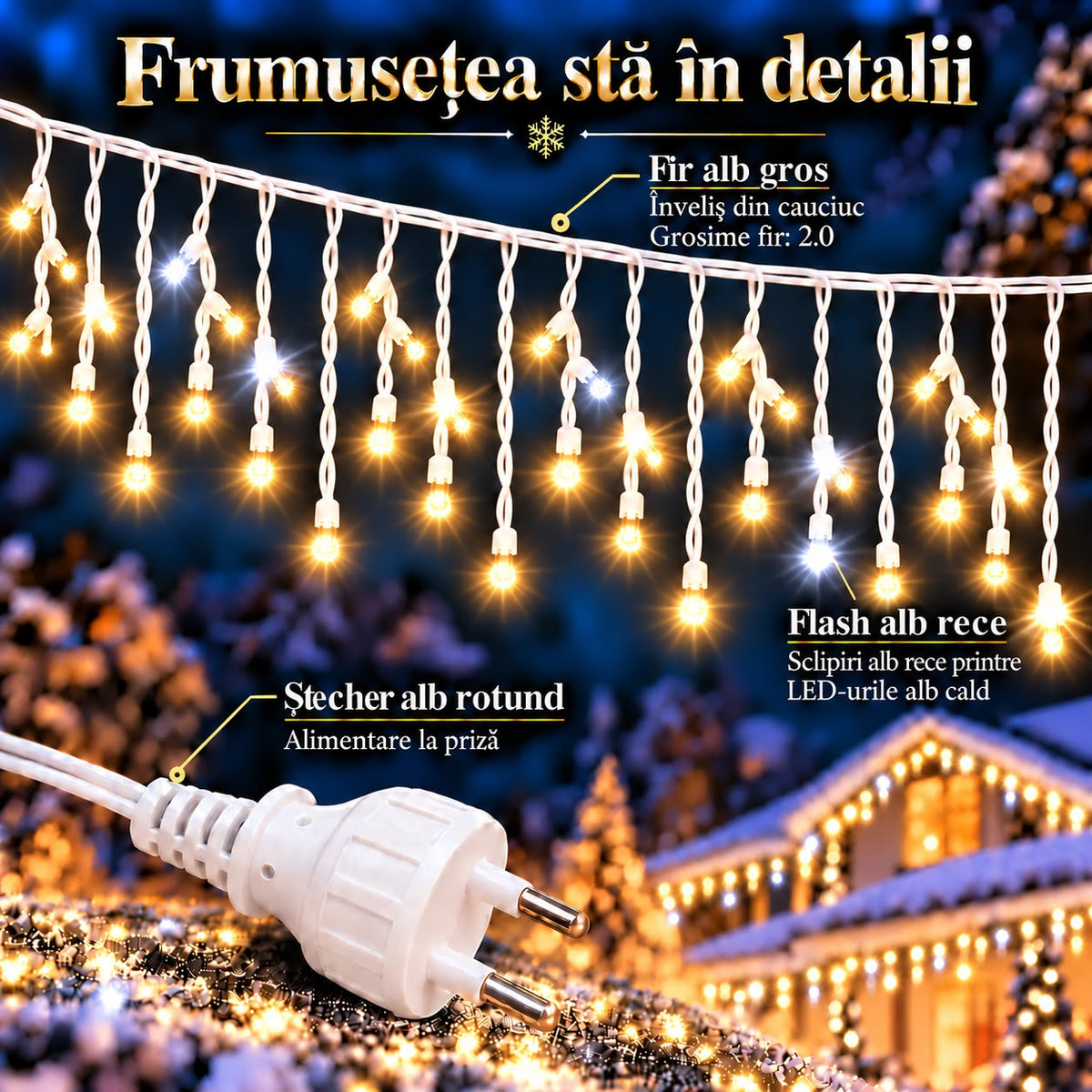 Instalatie de Craciun tip Turturi Flash, Alb Cald cu Flash Alb rece , 25 m, 600 LED-uri, Franjuri 50/60/70 cm, Fir Alb Gros 2.0, Interconectabili, IP65, Interior/Exterior