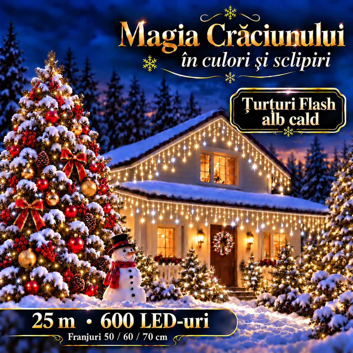 Instalatie de Craciun tip Turturi Flash, Alb Cald cu Flash Alb rece , 25 m, 600 LED-uri, Franjuri 50/60/70 cm, Fir Alb Gros 2.0, Interconectabili, IP65, Interior/Exterior