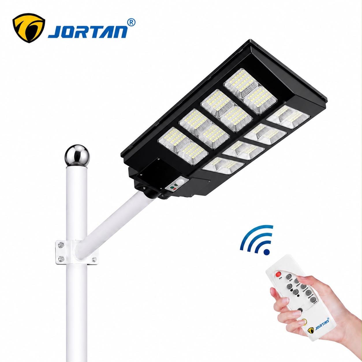 Lampa Solara Stradala 800W JORTAN, LED SMD Ultra Puternic, Senzor PIR Miscare, Panou Solar Integrat, Telecomanda Wireless, Lumina Alb Rece 6000K, IP66, Autonomie Mare, Suport Montaj Inclus, Iluminare Curte, Gradina, Alee, Parcare