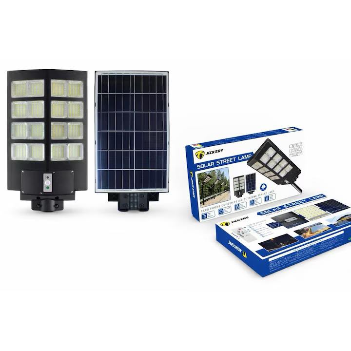 Lampa Solara Stradala 800W JORTAN, LED SMD Ultra Puternic, Senzor PIR Miscare, Panou Solar Integrat, Telecomanda Wireless, Lumina Alb Rece 6000K, IP66, Autonomie Mare, Suport Montaj Inclus, Iluminare Curte, Gradina, Alee, Parcare