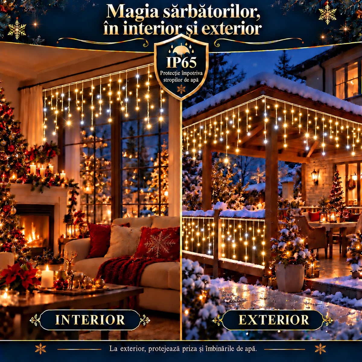 Instalatie de Craciun tip Turturi Flash, Alb Cald cu Flash Alb rece , 50 m, 1000 LED-uri, Franjuri 50/60/70 cm, Fir Alb Gros 2.0, Interconectabili, IP65, Interior/Exterior