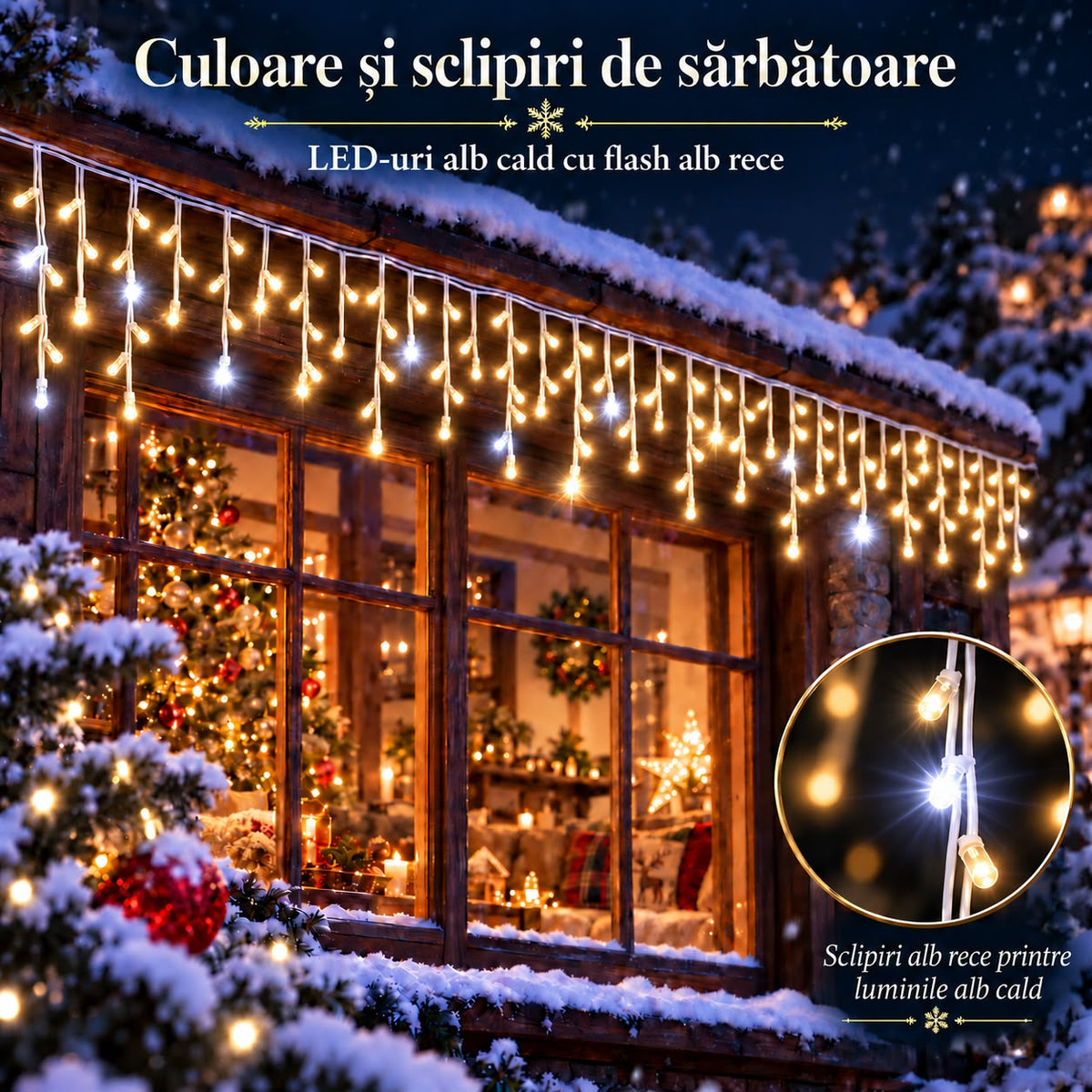 Instalatie de Craciun tip Turturi Flash, Alb Cald cu Flash Alb rece , 50 m, 1000 LED-uri, Franjuri 50/60/70 cm, Fir Alb Gros 2.0, Interconectabili, IP65, Interior/Exterior