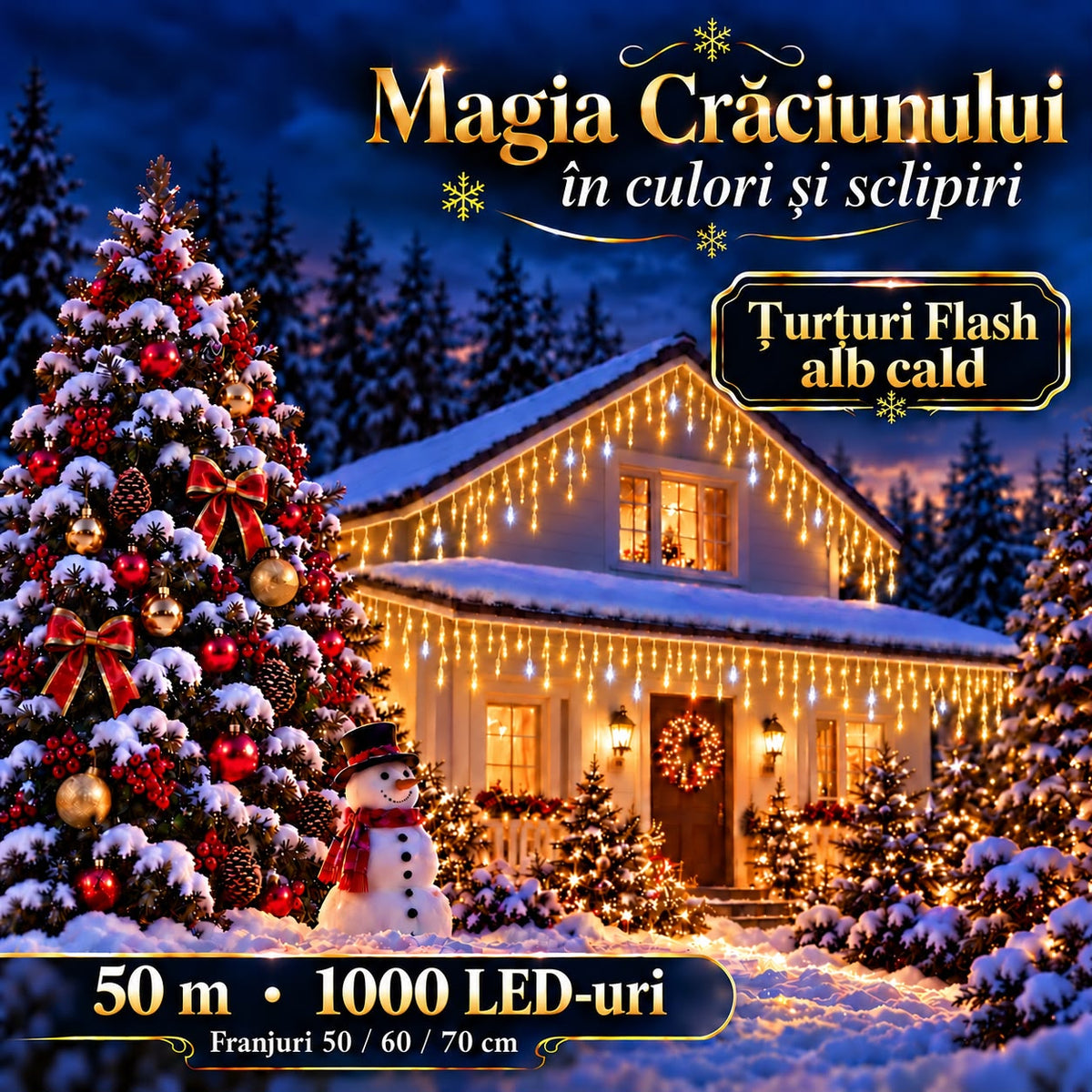 Instalatie de Craciun tip Turturi Flash, Alb Cald cu Flash Alb rece , 50 m, 1000 LED-uri, Franjuri 50/60/70 cm, Fir Alb Gros 2.0, Interconectabili, IP65, Interior/Exterior