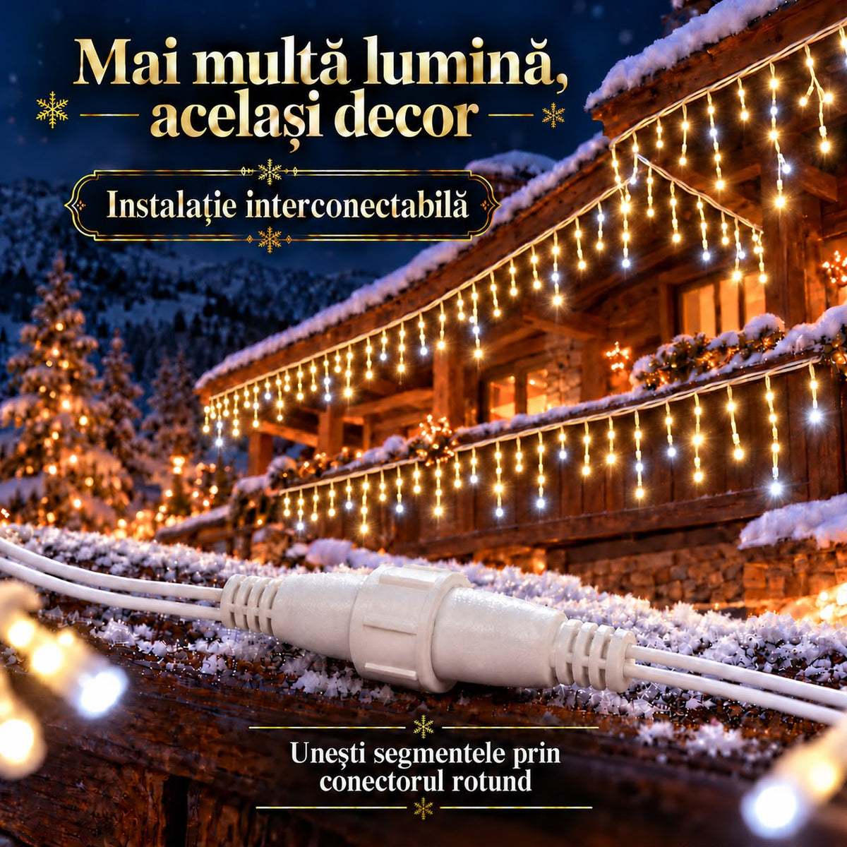 Instalatie de Craciun tip Turturi Flash, Alb Cald cu Flash Alb rece , 50 m, 1000 LED-uri, Franjuri 50/60/70 cm, Fir Alb Gros 2.0, Interconectabili, IP65, Interior/Exterior