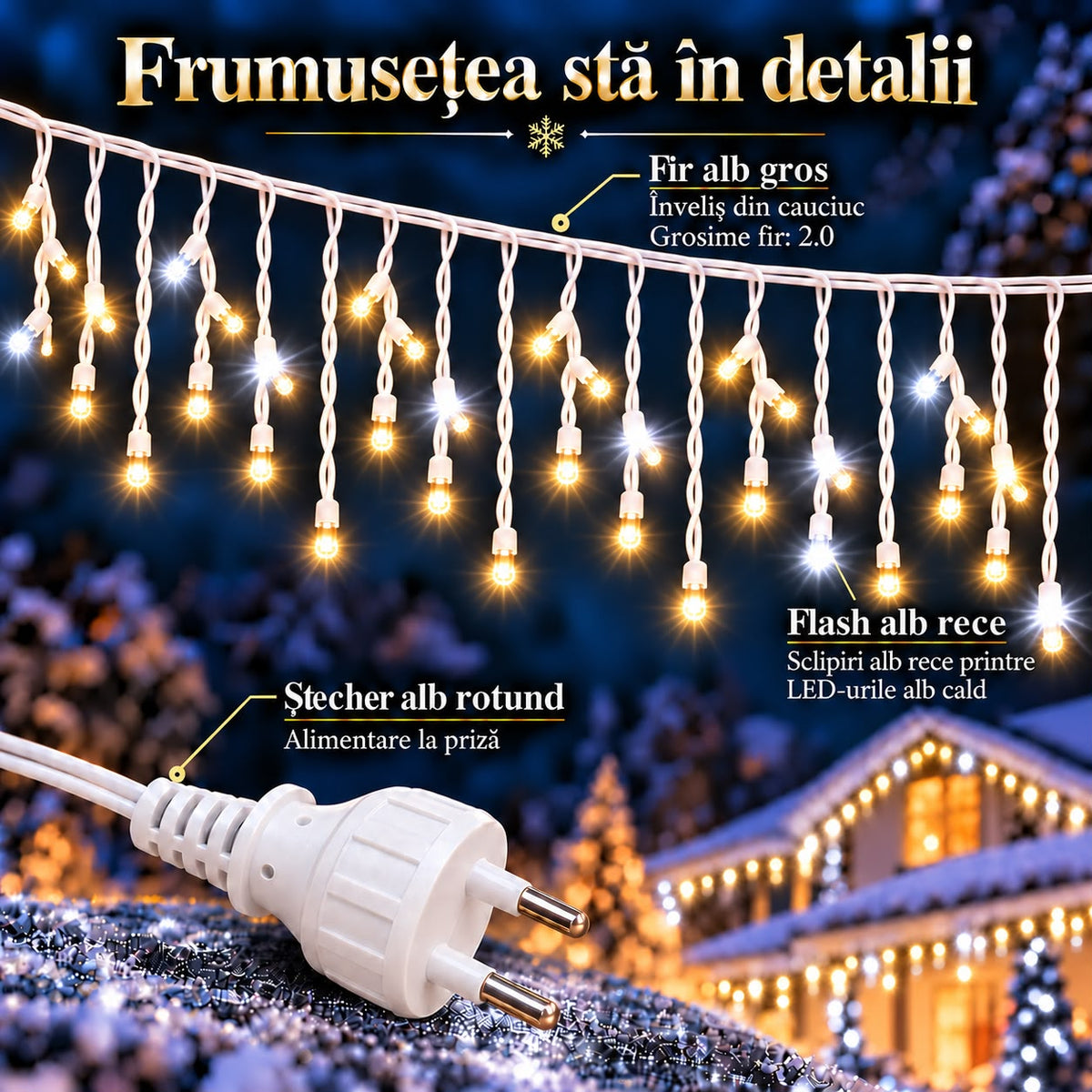 Instalatie de Craciun tip Turturi Flash, Alb Cald cu Flash Alb rece , 50 m, 1000 LED-uri, Franjuri 50/60/70 cm, Fir Alb Gros 2.0, Interconectabili, IP65, Interior/Exterior
