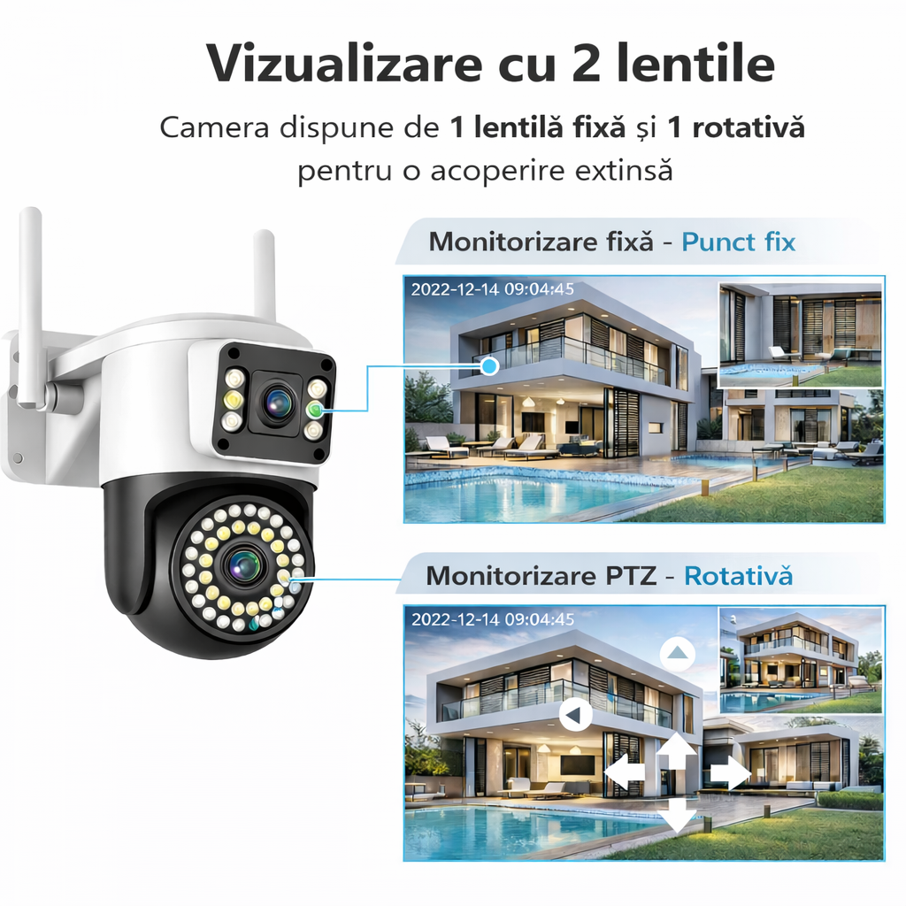 Camera de Supraveghere WiFi Jortan 8696 6MP, Dual Lens, PTZ 360°, Exterior IP66, Vedere Nocturna Color, Audio Bidirecțional, Aplicație Yoosee, Card MicroSD 32GB Inclus