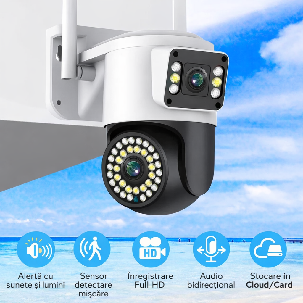 Camera de Supraveghere WiFi Jortan 8696 6MP, Dual Lens, PTZ 360°, Exterior IP66, Vedere Nocturna Color, Audio Bidirecțional, Aplicație Yoosee, Card MicroSD 32GB Inclus