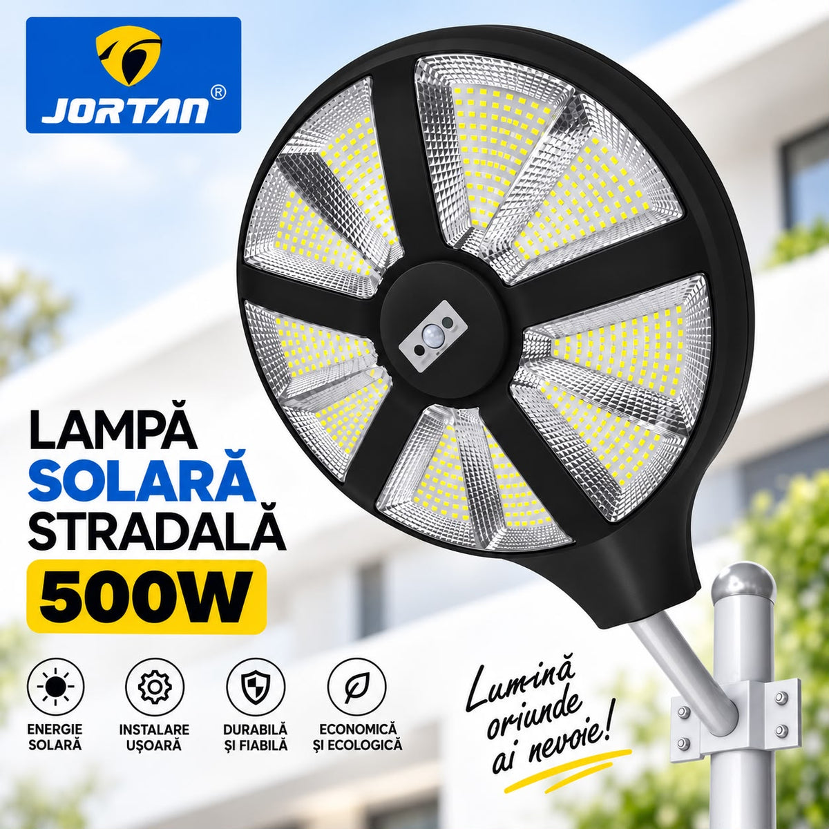 Lampa Solara Stradala Aungod 500W JORTAN, LED SMD Iluminare Multidirectionala, Senzor PIR Miscare, Panou Solar Integrat, Telecomanda Wireless, Protectie IP66, Suport Montaj Inclus, Curte, Gradina, Alee, Parcare