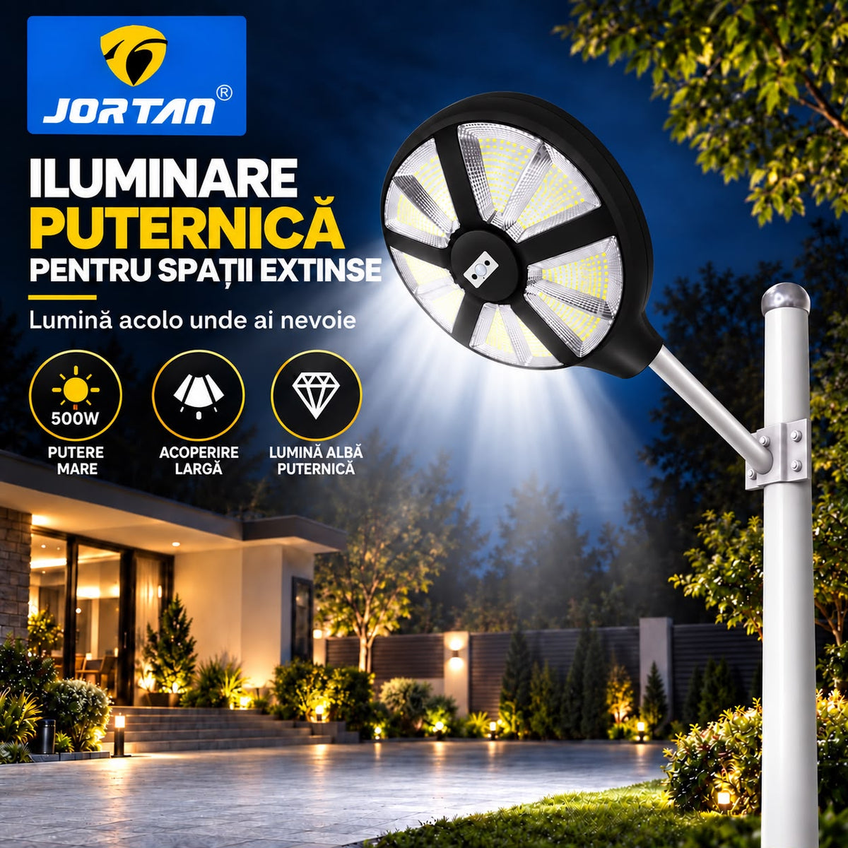 Lampa Solara Stradala Aungod 500W JORTAN, LED SMD Iluminare Multidirectionala, Senzor PIR Miscare, Panou Solar Integrat, Telecomanda Wireless, Protectie IP66, Suport Montaj Inclus, Curte, Gradina, Alee, Parcare
