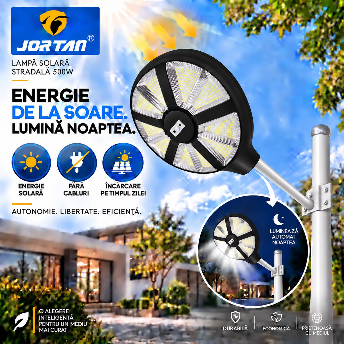 Lampa Solara Stradala Aungod 500W JORTAN, LED SMD Iluminare Multidirectionala, Senzor PIR Miscare, Panou Solar Integrat, Telecomanda Wireless, Protectie IP66, Suport Montaj Inclus, Curte, Gradina, Alee, Parcare