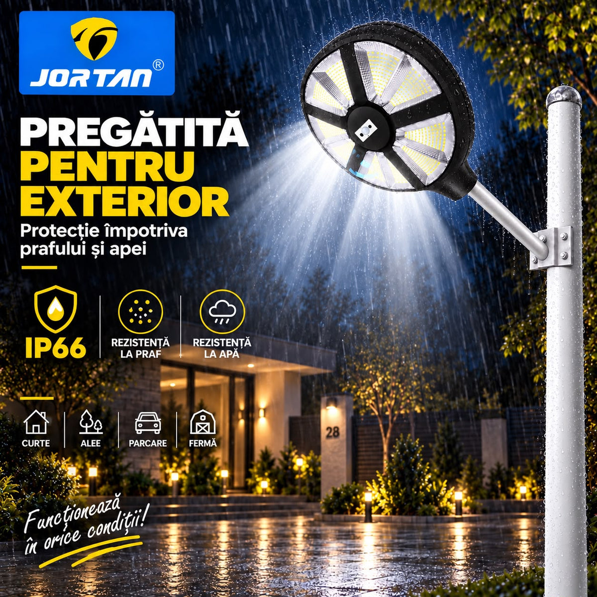 Lampa Solara Stradala Aungod 500W JORTAN, LED SMD Iluminare Multidirectionala, Senzor PIR Miscare, Panou Solar Integrat, Telecomanda Wireless, Protectie IP66, Suport Montaj Inclus, Curte, Gradina, Alee, Parcare