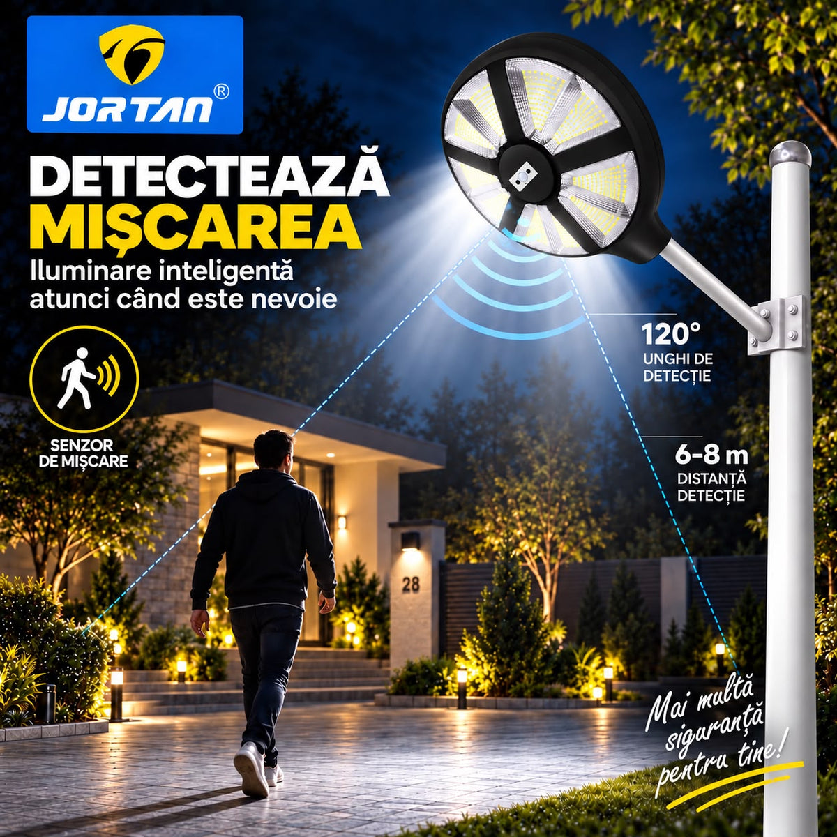 Lampa Solara Stradala Aungod 500W JORTAN, LED SMD Iluminare Multidirectionala, Senzor PIR Miscare, Panou Solar Integrat, Telecomanda Wireless, Protectie IP66, Suport Montaj Inclus, Curte, Gradina, Alee, Parcare