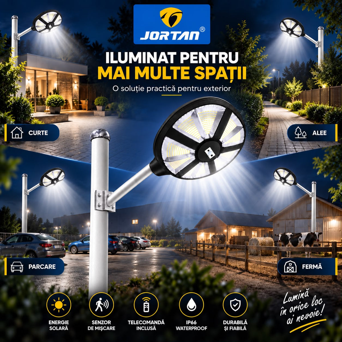 Lampa Solara Stradala Aungod 500W JORTAN, LED SMD Iluminare Multidirectionala, Senzor PIR Miscare, Panou Solar Integrat, Telecomanda Wireless, Protectie IP66, Suport Montaj Inclus, Curte, Gradina, Alee, Parcare