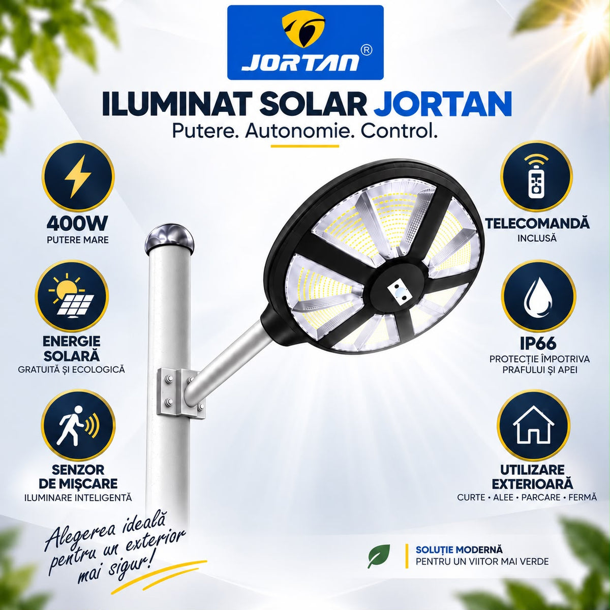 Lampa Solara Stradala Aungod 500W JORTAN, LED SMD Iluminare Multidirectionala, Senzor PIR Miscare, Panou Solar Integrat, Telecomanda Wireless, Protectie IP66, Suport Montaj Inclus, Curte, Gradina, Alee, Parcare