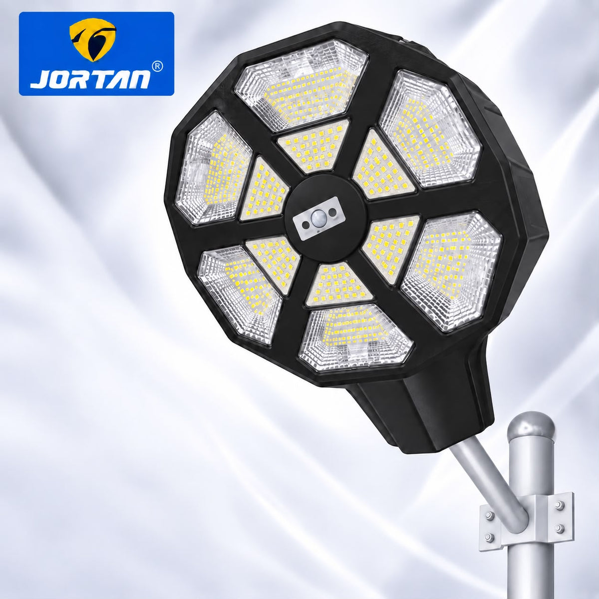 Lampa Solara Stradala Cupid 500W JORTAN, LED SMD Iluminare Multidirectionala, Senzor PIR Miscare, Panou Solar Integrat, Telecomanda Wireless, Protectie IP66, Suport Montaj Inclus, Curte, Gradina, Alee, Parcare