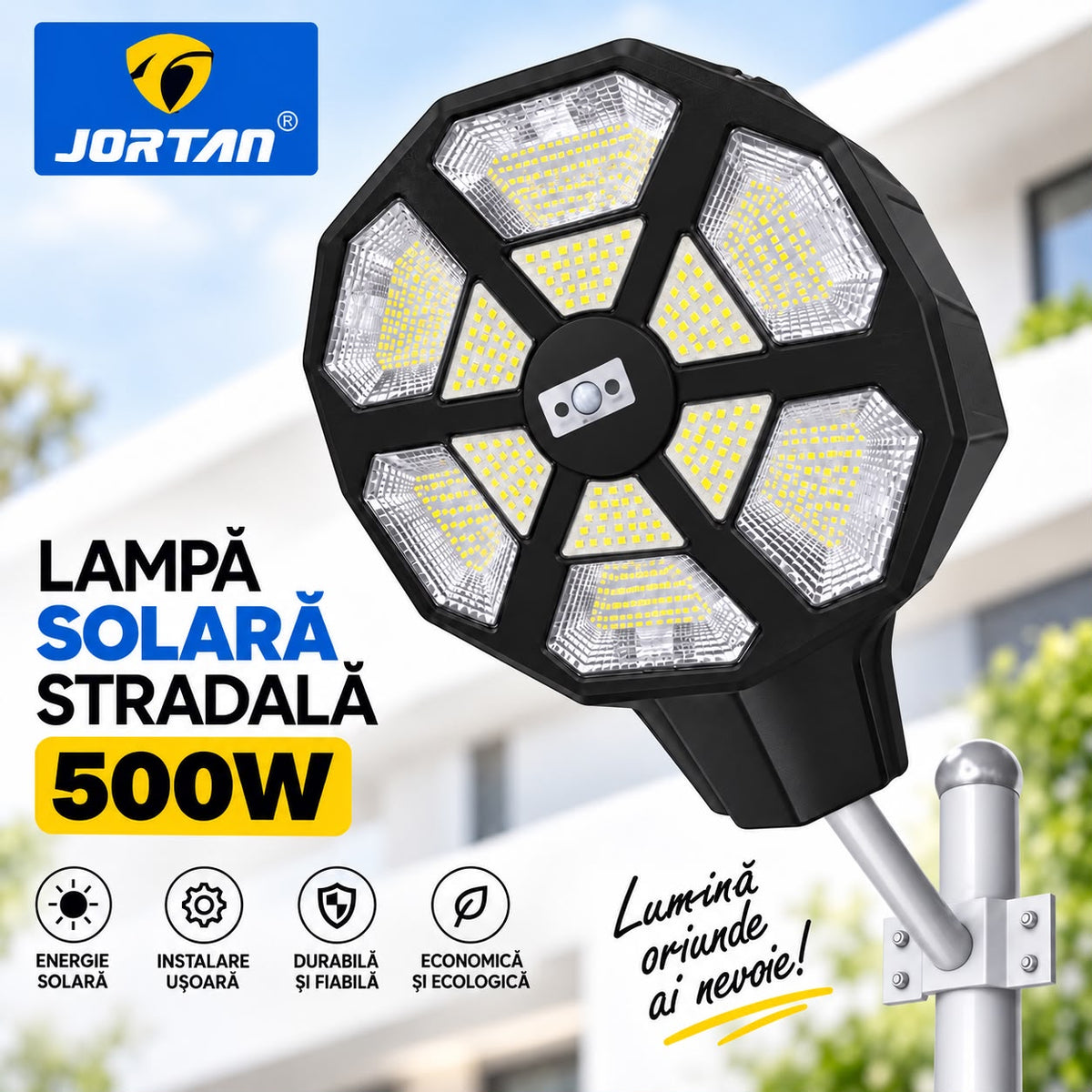 Lampa Solara Stradala Cupid 500W JORTAN, LED SMD Iluminare Multidirectionala, Senzor PIR Miscare, Panou Solar Integrat, Telecomanda Wireless, Protectie IP66, Suport Montaj Inclus, Curte, Gradina, Alee, Parcare