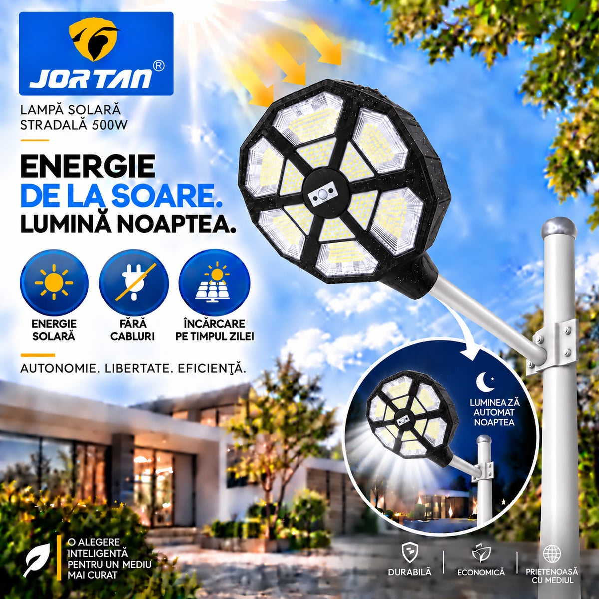 Lampa Solara Stradala Cupid 500W JORTAN, LED SMD Iluminare Multidirectionala, Senzor PIR Miscare, Panou Solar Integrat, Telecomanda Wireless, Protectie IP66, Suport Montaj Inclus, Curte, Gradina, Alee, Parcare