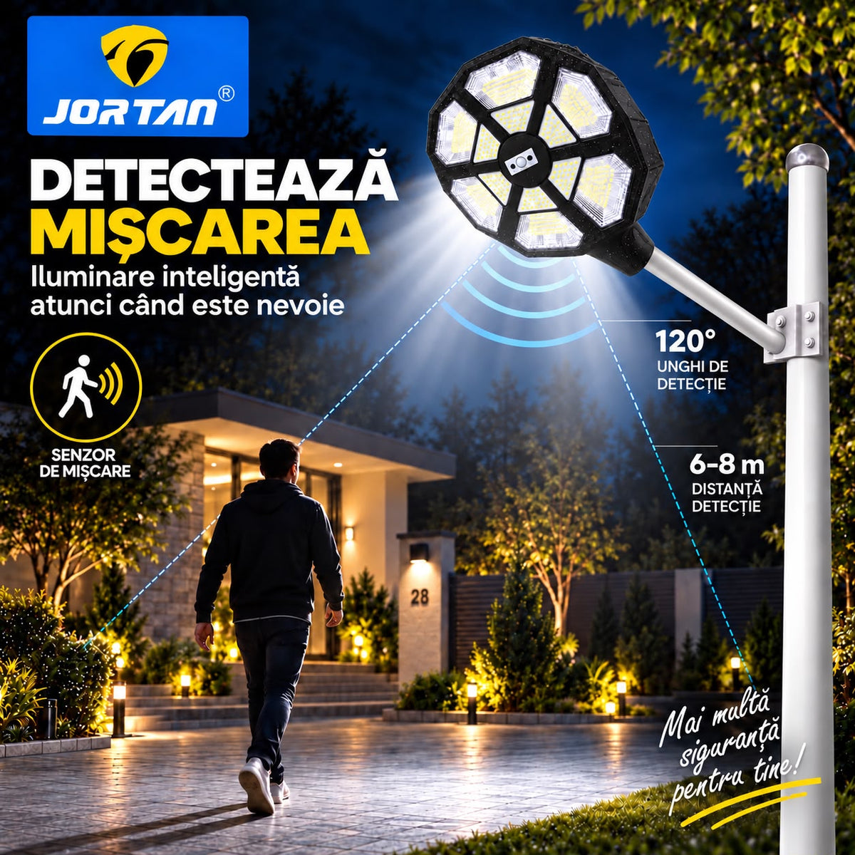 Lampa Solara Stradala Cupid 500W JORTAN, LED SMD Iluminare Multidirectionala, Senzor PIR Miscare, Panou Solar Integrat, Telecomanda Wireless, Protectie IP66, Suport Montaj Inclus, Curte, Gradina, Alee, Parcare