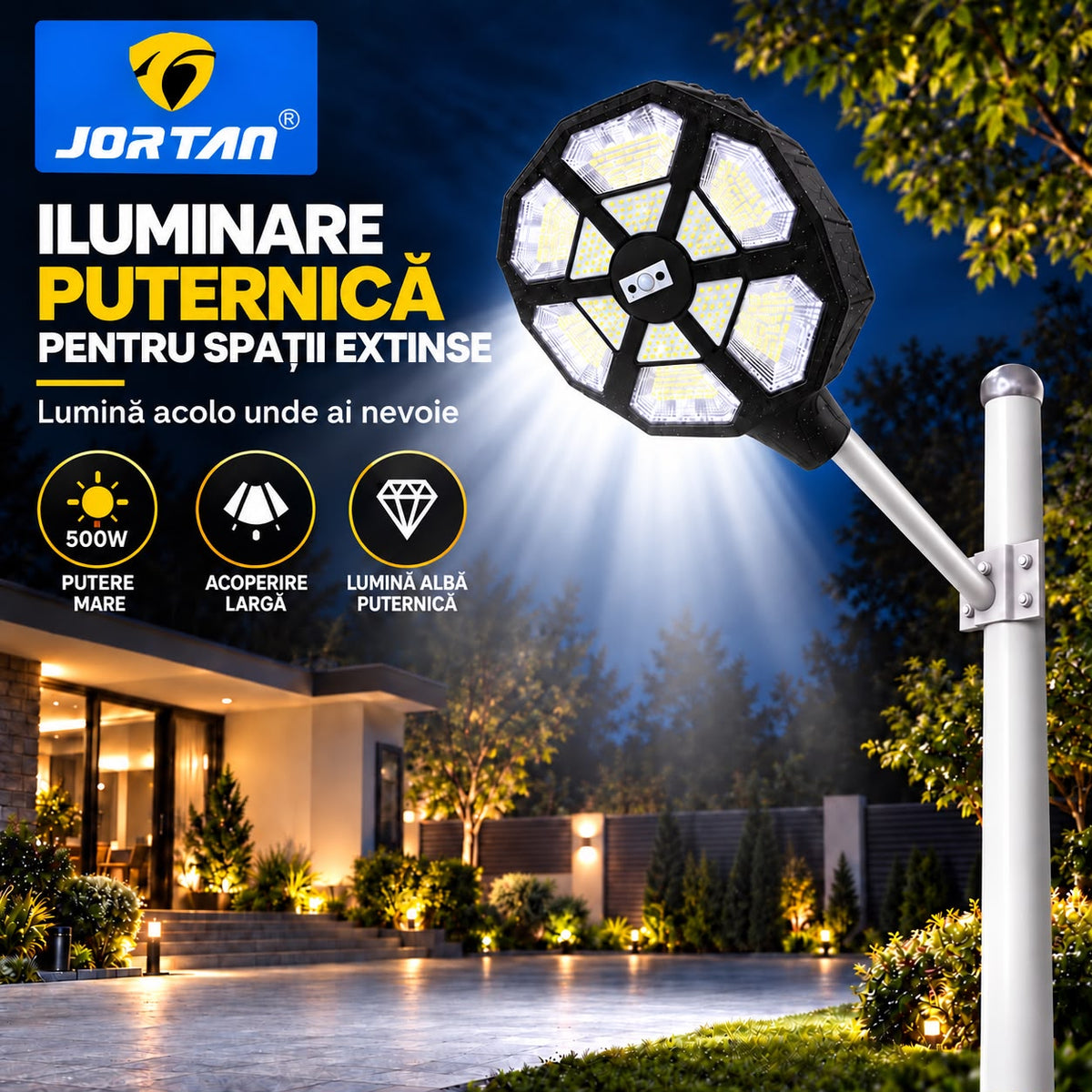 Lampa Solara Stradala Cupid 500W JORTAN, LED SMD Iluminare Multidirectionala, Senzor PIR Miscare, Panou Solar Integrat, Telecomanda Wireless, Protectie IP66, Suport Montaj Inclus, Curte, Gradina, Alee, Parcare
