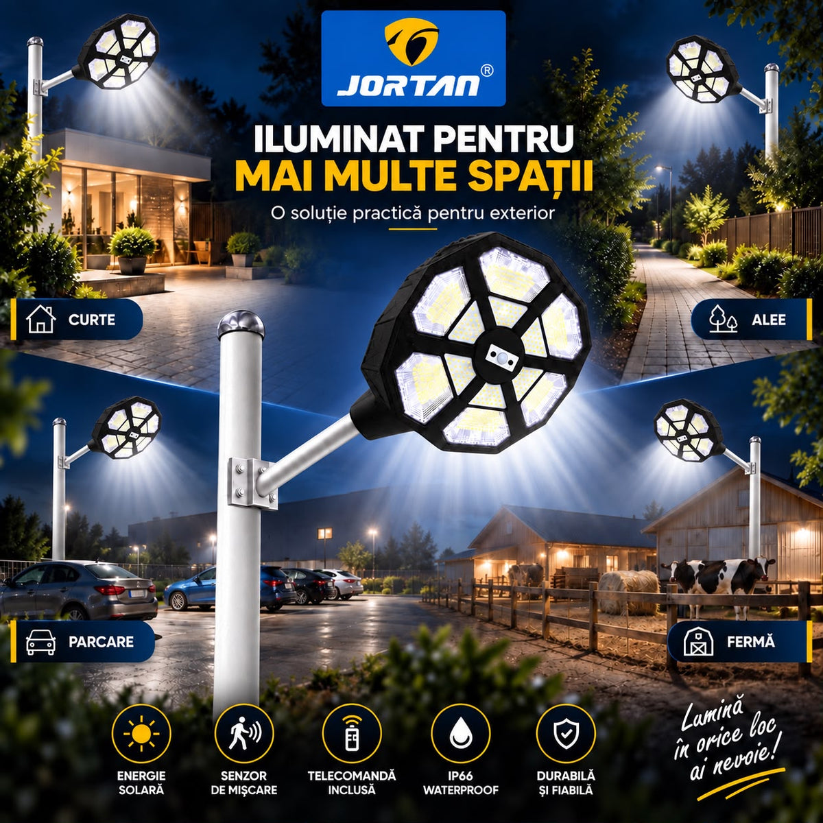 Lampa Solara Stradala Cupid 500W JORTAN, LED SMD Iluminare Multidirectionala, Senzor PIR Miscare, Panou Solar Integrat, Telecomanda Wireless, Protectie IP66, Suport Montaj Inclus, Curte, Gradina, Alee, Parcare