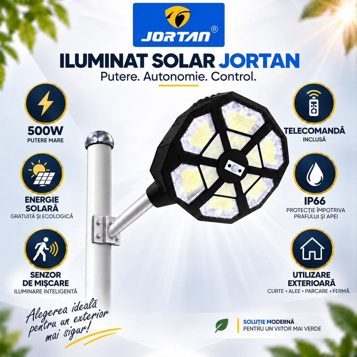 Lampa Solara Stradala Cupid 500W JORTAN, LED SMD Iluminare Multidirectionala, Senzor PIR Miscare, Panou Solar Integrat, Telecomanda Wireless, Protectie IP66, Suport Montaj Inclus, Curte, Gradina, Alee, Parcare