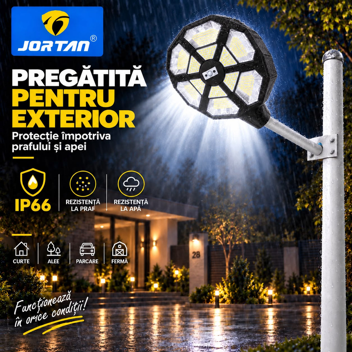Lampa Solara Stradala Cupid 500W JORTAN, LED SMD Iluminare Multidirectionala, Senzor PIR Miscare, Panou Solar Integrat, Telecomanda Wireless, Protectie IP66, Suport Montaj Inclus, Curte, Gradina, Alee, Parcare