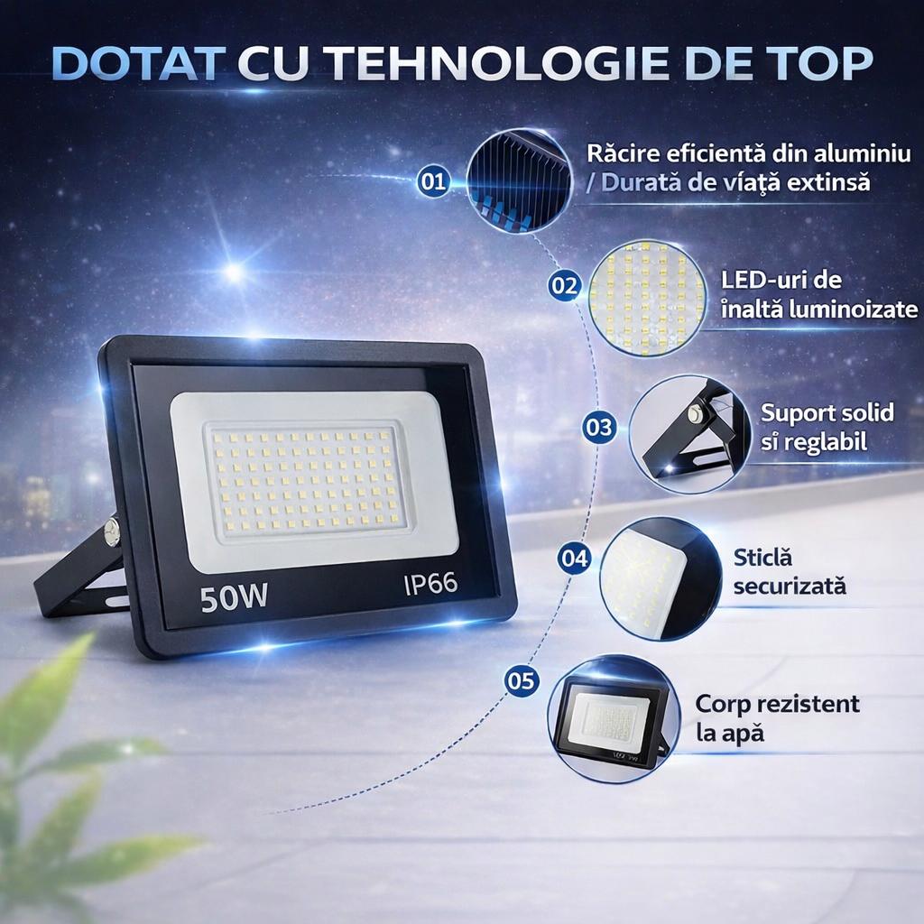 Proiector LED JORTAN Exterior 50W, Alimentare 230V, 36 LED-uri, 3000 Lumeni, Lumină Caldă Intensă, Carcasă Aluminiu + Sticlă, IP66 Rezistent la Apă și Praf, pentru Curte, Alee, Garaj și Parcare