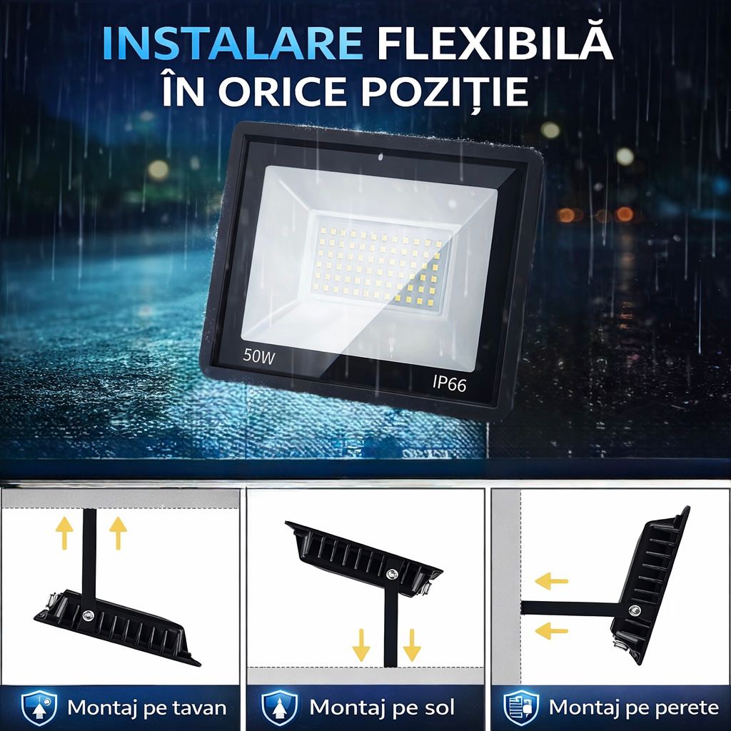 Proiector LED JORTAN Exterior 50W, Alimentare 230V, 36 LED-uri, 3000 Lumeni, Lumină Caldă Intensă, Carcasă Aluminiu + Sticlă, IP66 Rezistent la Apă și Praf, pentru Curte, Alee, Garaj și Parcare