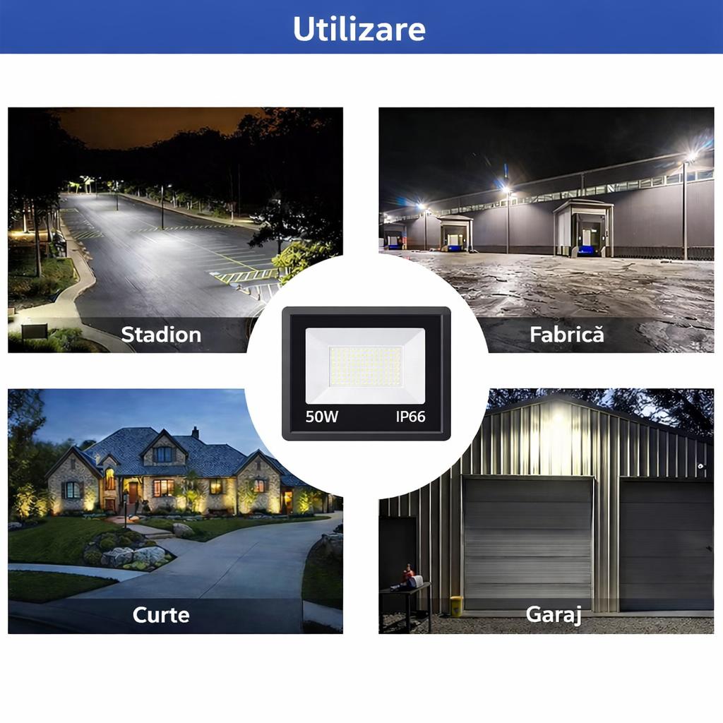 Proiector LED JORTAN Exterior 50W, Alimentare 230V, 36 LED-uri, 3000 Lumeni, Lumină Caldă Intensă, Carcasă Aluminiu + Sticlă, IP66 Rezistent la Apă și Praf, pentru Curte, Alee, Garaj și Parcare