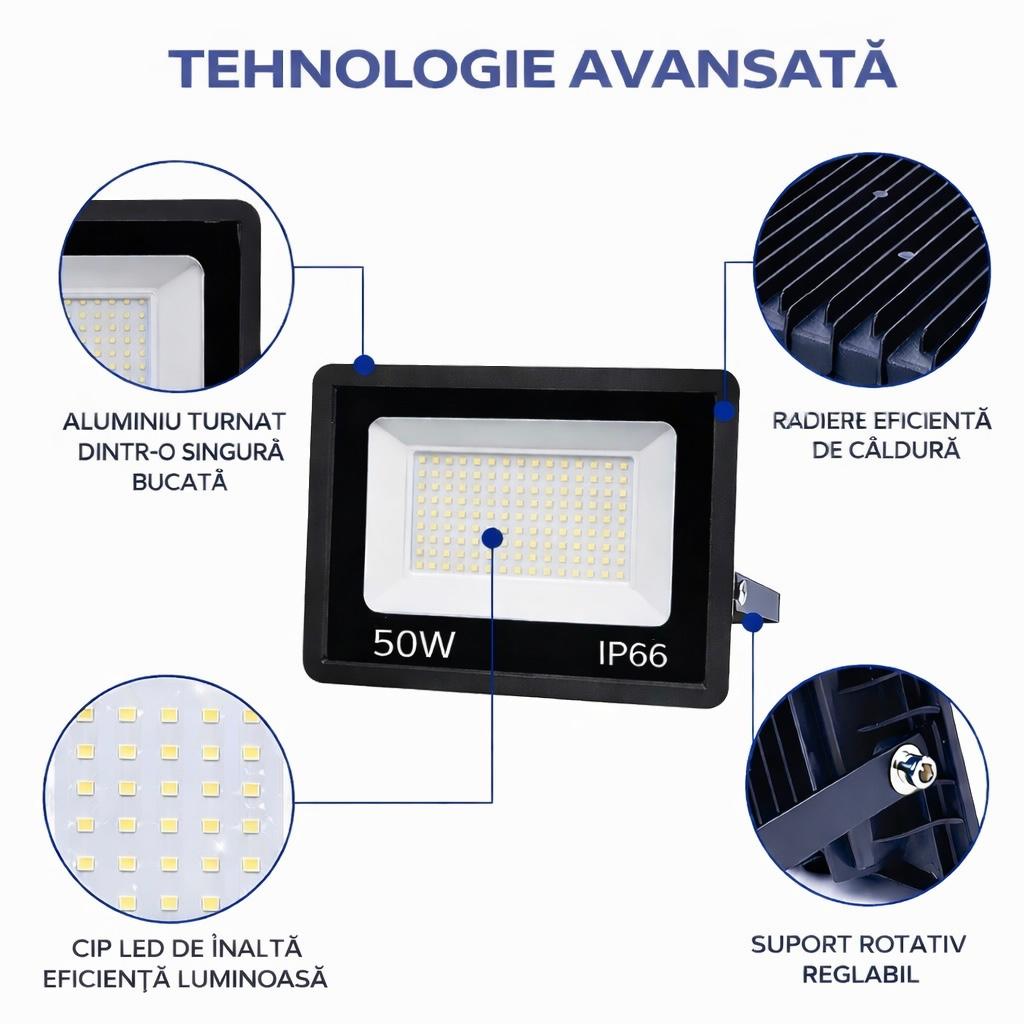 Proiector LED JORTAN Exterior 50W, Alimentare 230V, 36 LED-uri, 3000 Lumeni, Lumină Caldă Intensă, Carcasă Aluminiu + Sticlă, IP66 Rezistent la Apă și Praf, pentru Curte, Alee, Garaj și Parcare