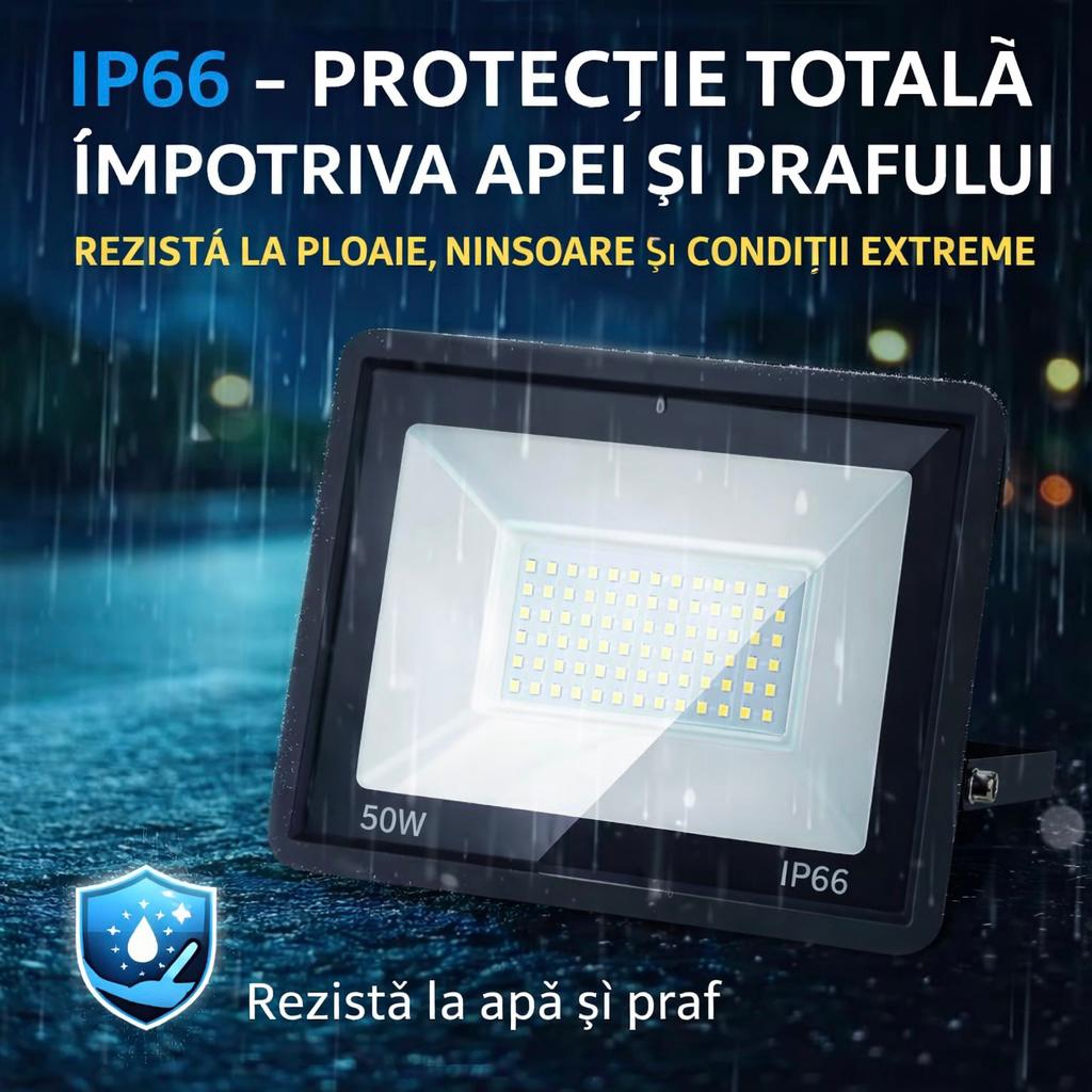 Proiector LED JORTAN Exterior 50W, Alimentare 230V, 36 LED-uri, 3000 Lumeni, Lumină Caldă Intensă, Carcasă Aluminiu + Sticlă, IP66 Rezistent la Apă și Praf, pentru Curte, Alee, Garaj și Parcare