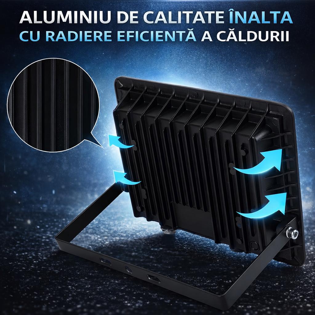 Proiector LED JORTAN Exterior 50W, Alimentare 230V, 36 LED-uri, 3000 Lumeni, Lumină Caldă Intensă, Carcasă Aluminiu + Sticlă, IP66 Rezistent la Apă și Praf, pentru Curte, Alee, Garaj și Parcare