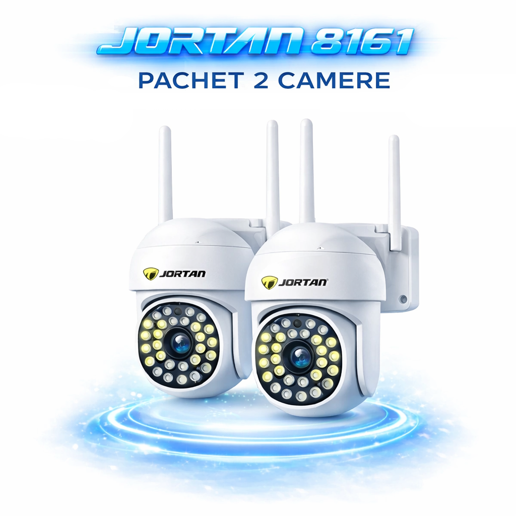 Pachet 2 Camere de Supraveghere WiFi Jortan 8161, 2MP Full HD 1080P, PTZ 355°, Exterior IP66, Vedere Nocturna Color, Audio Bidirectional, Aplicatie Yoosee, 2 Carduri MicroSD 32GB Incluse