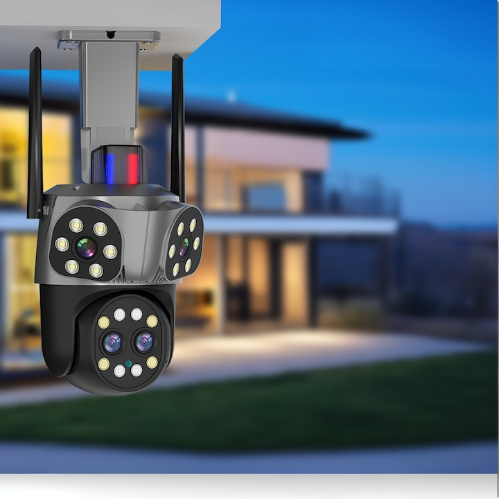 Camera de Supraveghere WiFi Jortan 8856, 12MP, 4 lentile, PTZ 360°, IP66, Vedere Nocturna Color, Audio Bidirectional, Alarma Integrata, Aplicatie Yoosee, Card MicroSD 32GB Inclus