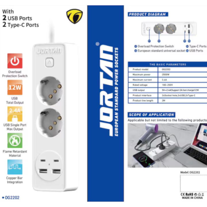 Prelungitor cu 2 prize, 2 porturi USB, 2 porturi USB Type C, JORTAN, lungime cablu 2m, indicator led, material ignifug, alb