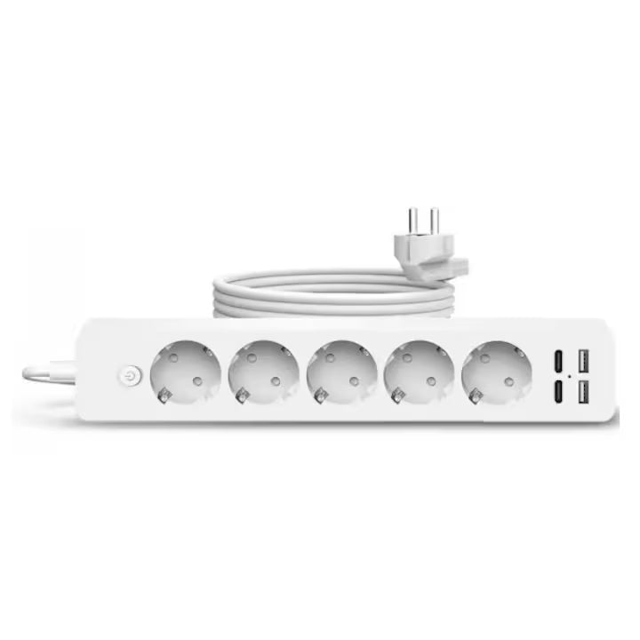 Prelungitor cu 5 prize, 2 porturi USB, 2 porturi USB Type C, JORTAN, lungime cablu 2m, indicator led, material ignifug, alb