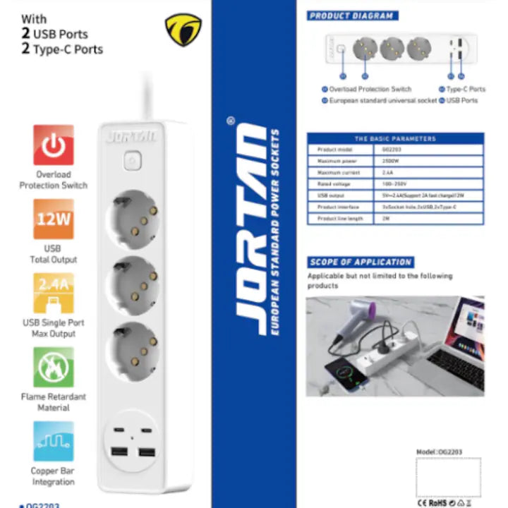 Prelungitor cu 3 prize de maxim 2500W, 2 porturi USB si 2 USB Type-C, Jortan, buton ON/OFF, plastic, 2m lungime, alb