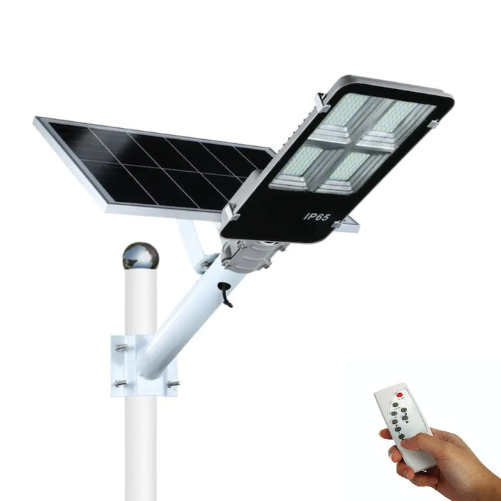 Lampă Solară Stradală 300W JORTAN cu 260 LED SMD, Panou Solar 28W, Baterie 25.000 mAh, Brat de Montare Inclus, Telecomandă pentru Controlul Lămpii, Iluminare 6500K Alb Rece, Unghi 120°, Autonomie până la 24h, Protecție IP66