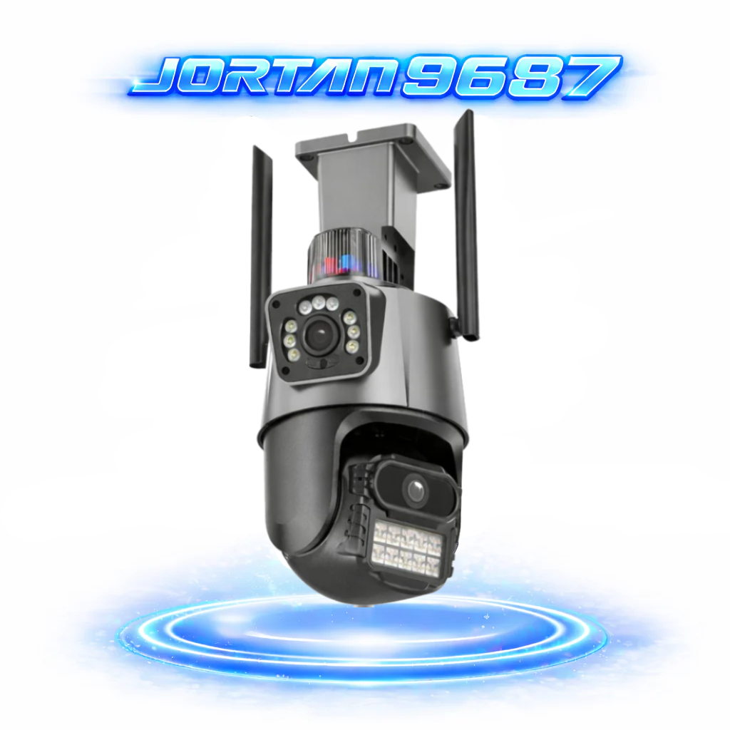 Cameră de Supraveghere WiFi Jortan 9687PRO, 6MP, Dual Lens, PTZ 360°, Exterior IP66, Vedere Nocturnă Color, Audio Bidirecțional, Alarmă Integrată, Aplicație ICSee, Card MicroSD 32GB Inclus